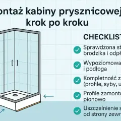 Instalacja kabiny prysznicowej krok po kroku. Ilustracja przedstawia schemat montażu prysznica z checklistą.