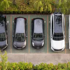 Widok z góry na rząd samochodów na parkingu. Widać, że odległość miejsc postojowych od granicy działki jest odpowiednia.