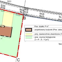Plan działki z zaznaczonym projektowanym budynkiem, nawierzchniami i pow. czynną biologicznie. Przykładowe warunki zabudowy.