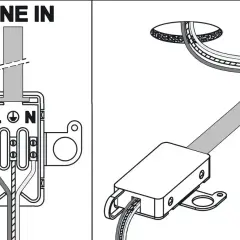 Schemat pokazuje, jak podłączyć gniazdko elektryczne. Widać wejście "LINE IN" oraz sposób podłączenia przewodów L i N do zacisków.
