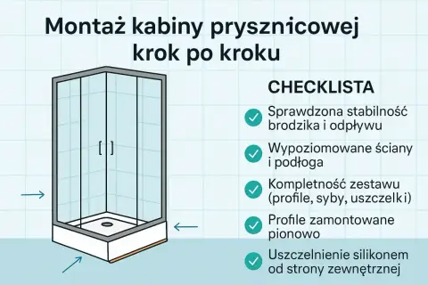 Instalacja kabiny prysznicowej krok po kroku. Ilustracja przedstawia schemat montażu prysznica z checklistą.