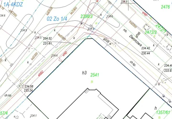 Plan geodezyjny z oznaczeniami granic i wysokości, ukazujący podział działki 2541.