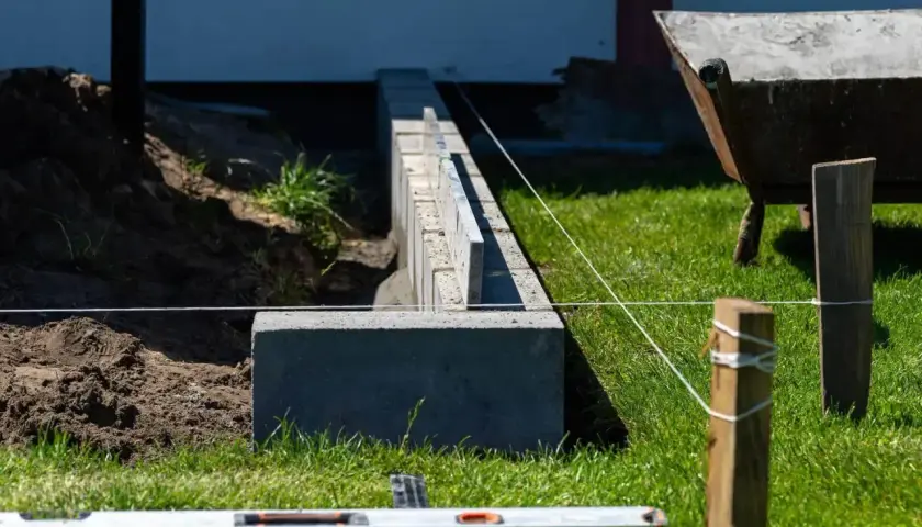 Budowa fundamentu pod ogrodzenie. Betonowe bloczki tworzą solidną podstawę, a poziomica i sznurek pomagają w precyzyjnym ułożeniu.