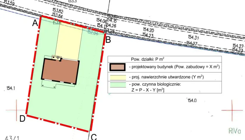 Plan działki z zaznaczonym projektowanym budynkiem, nawierzchniami i pow. czynną biologicznie. Przykładowe warunki zabudowy.