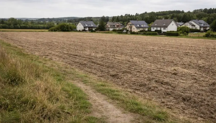 Pola po orce, przygotowane pod odrolnienie działki. W tle widać rzędy domów i las.