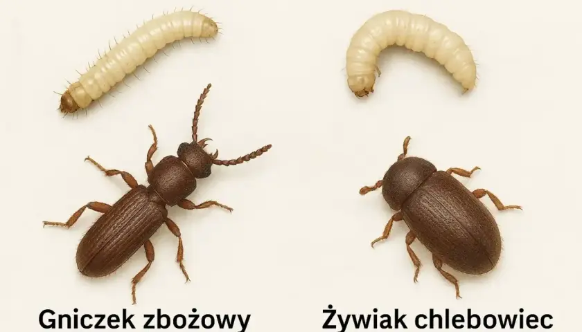 Dwa rodzaje robaków, gniczek zbożowy i żywiak chlebowiec, które mogą pojawić się w kuchni, pokazane w formie larw i dorosłych osobników.