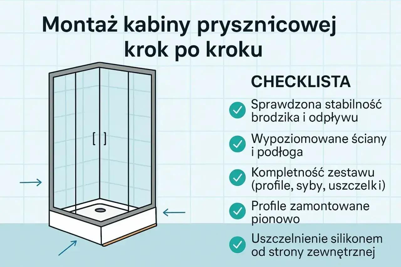 Instalacja kabiny prysznicowej krok po kroku. Ilustracja przedstawia schemat montażu prysznica z checklistą.
