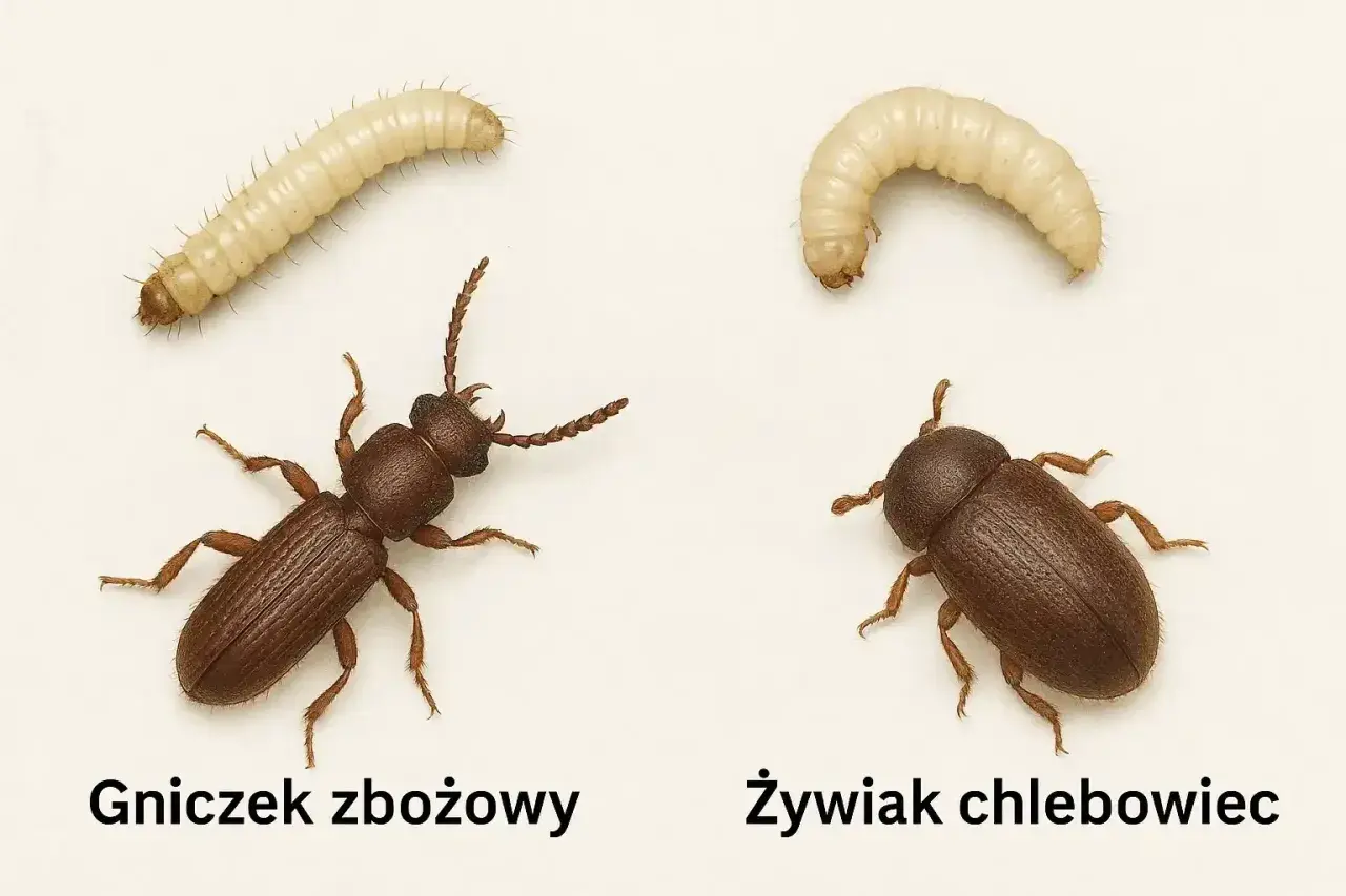 Dwa rodzaje robaków, gniczek zbożowy i żywiak chlebowiec, które mogą pojawić się w kuchni, pokazane w formie larw i dorosłych osobników.