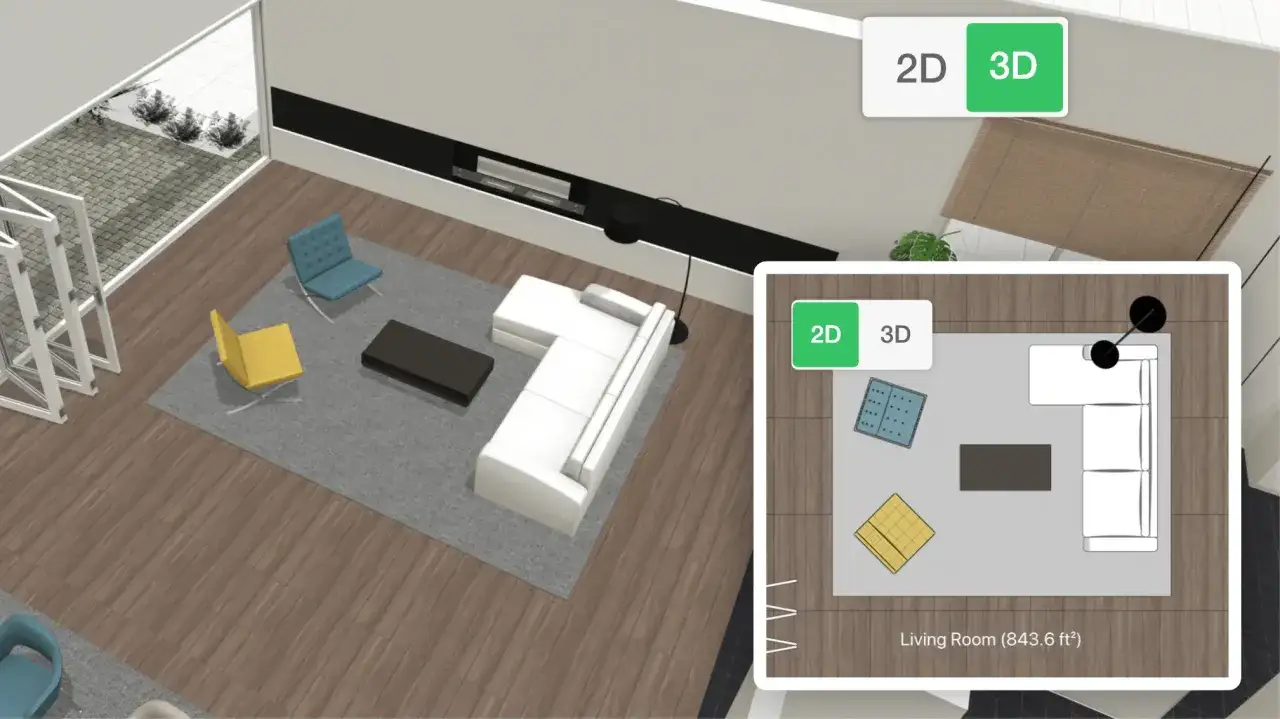 Wirtualne projektowanie wnętrz online za darmo. Aranżacja salonu z sofą, stolikiem i fotelami w widoku 3D i 2D.