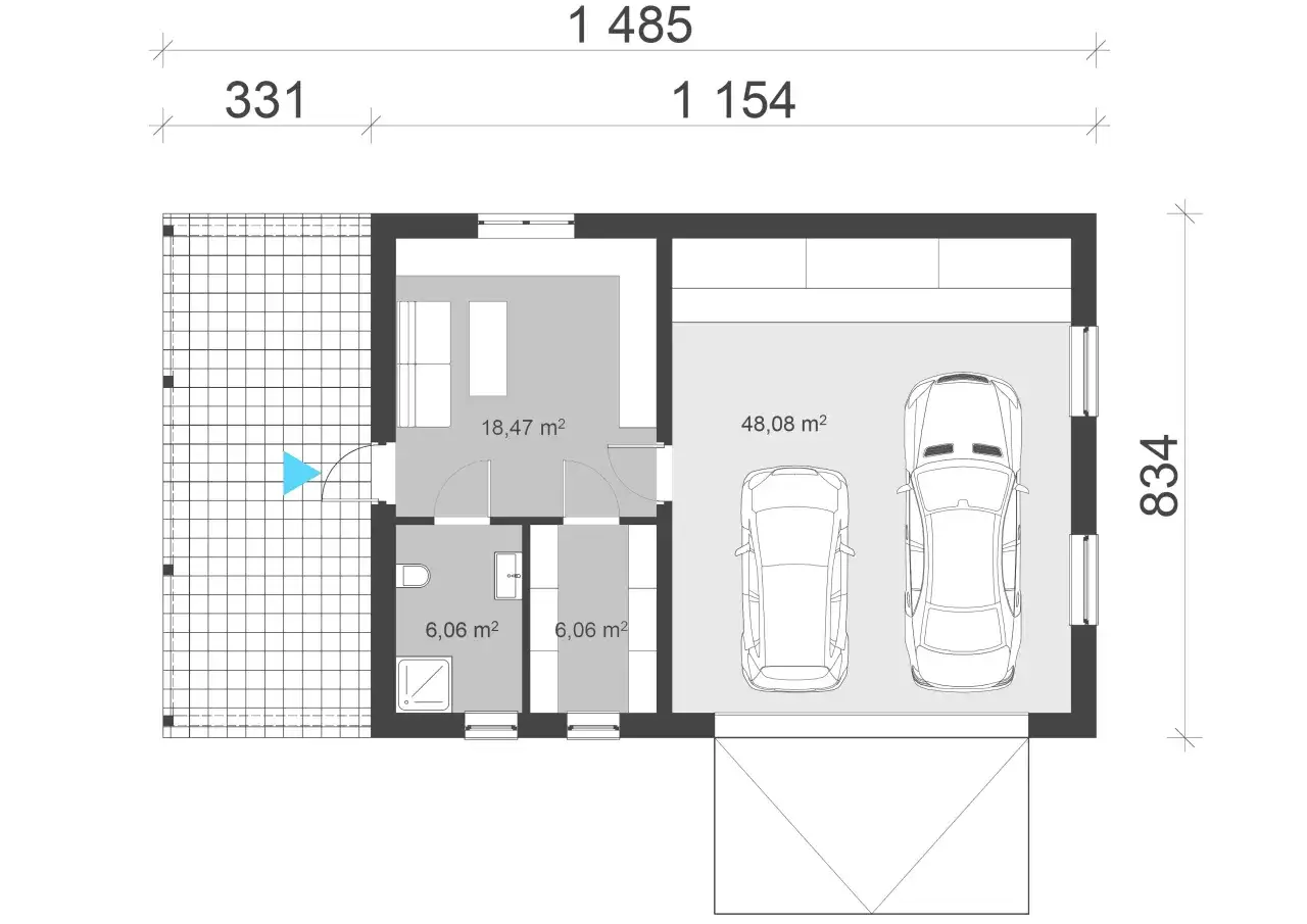 Rzut garażu dwustanowiskowego o wymiarach 8,34 x 14,85 m, z pomieszczeniem gospodarczym 18,47 m² i łazienką 6,06 m².