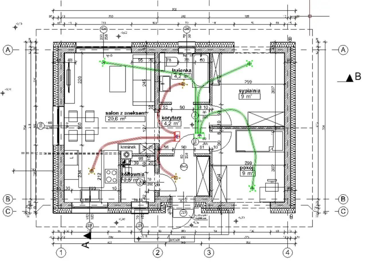 Plan mieszkania z zaznaczoną instalacją wentylacyjną, pokazującą kanały doprowadzające powietrze do salonu, sypialni i pokoju.