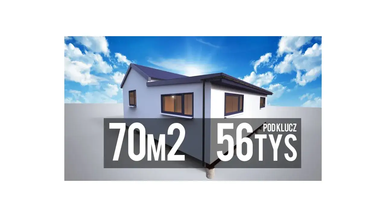 Koszt budowy domu 70m2 pod klucz to 56 tysięcy. Biały, nowoczesny budynek pod błękitnym niebem.
