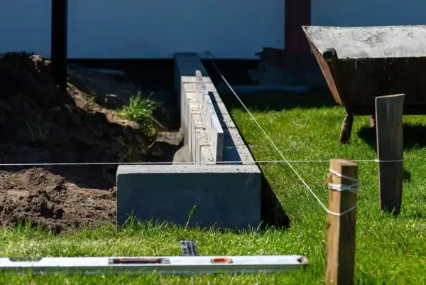 Budowa fundamentu pod ogrodzenie. Betonowe bloczki tworzą solidną podstawę, a poziomica i sznurek pomagają w precyzyjnym ułożeniu.