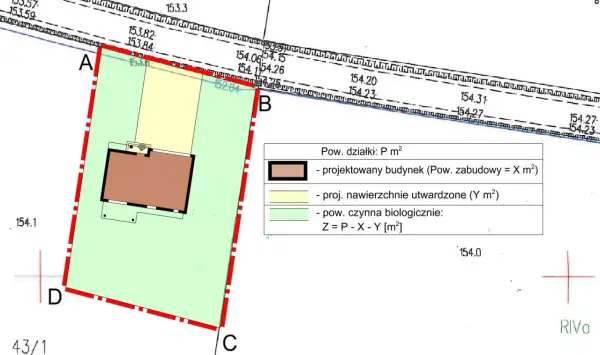 Plan działki z zaznaczonym projektowanym budynkiem, nawierzchniami i pow. czynną biologicznie. Przykładowe warunki zabudowy.